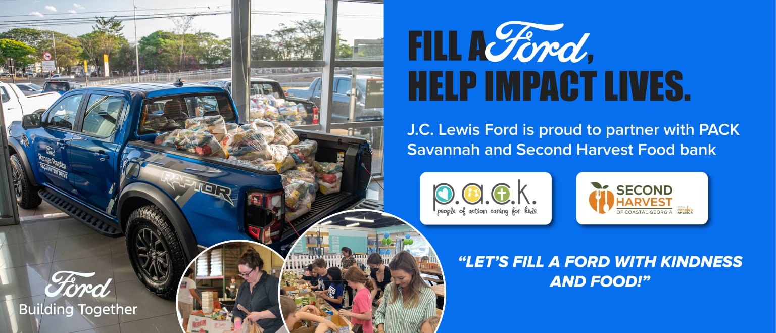 The image depicts a truck filled with food donations, with a sign promoting a partnership between a local dealership and food banks to make a positive impact. The background shows people and buildings in a community setting.