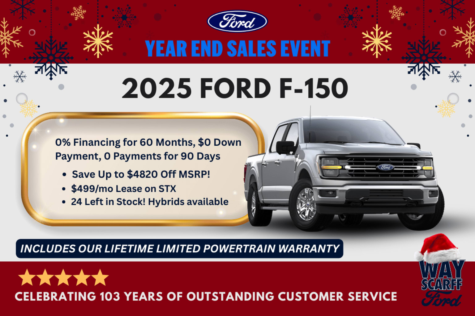 The image features a pickup truck prominently displayed in the foreground, surrounded by a festive holiday-themed background with snowflakes and a logo, promoting a year-end sales event.