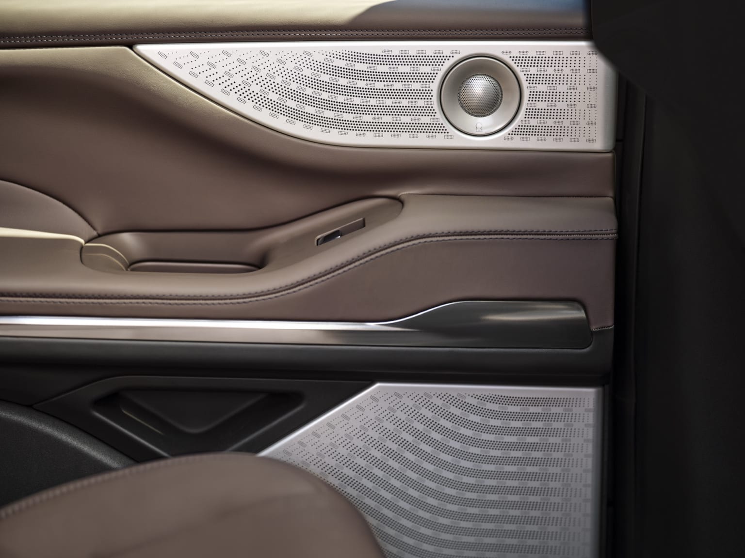 Interior view of a luxury vehicle with a textured leather panel and a speaker grille in the foreground, set against a blurred scenic landscape in the background.