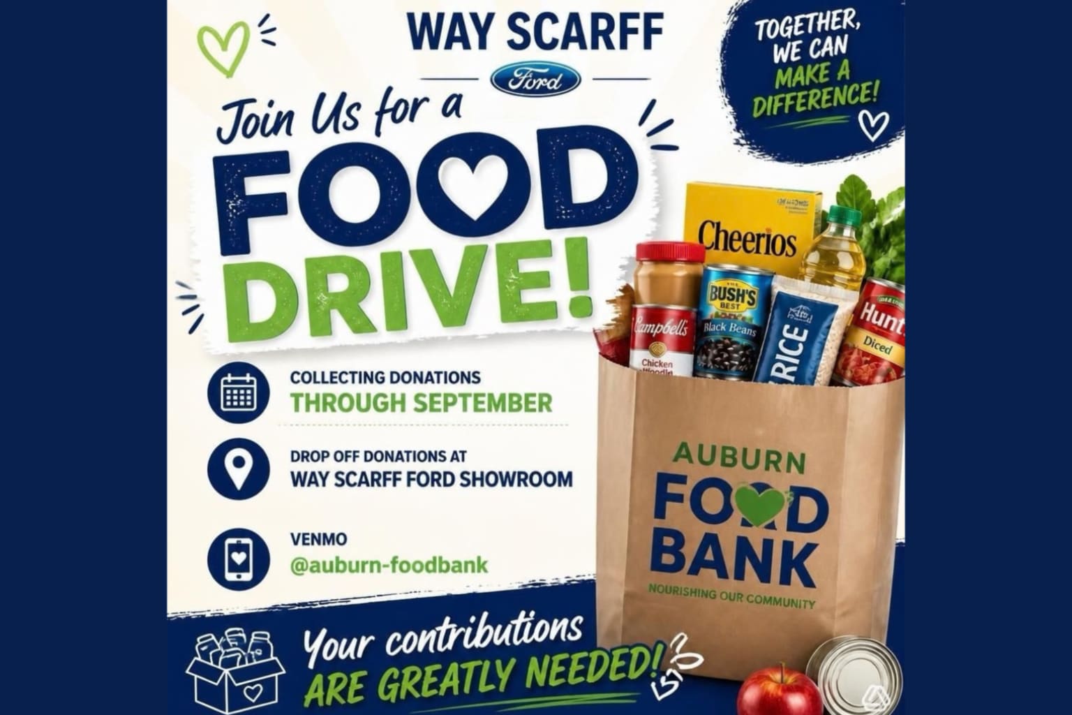 A brown paper bag filled with food donations in the foreground against a white and blue promotional flyer.