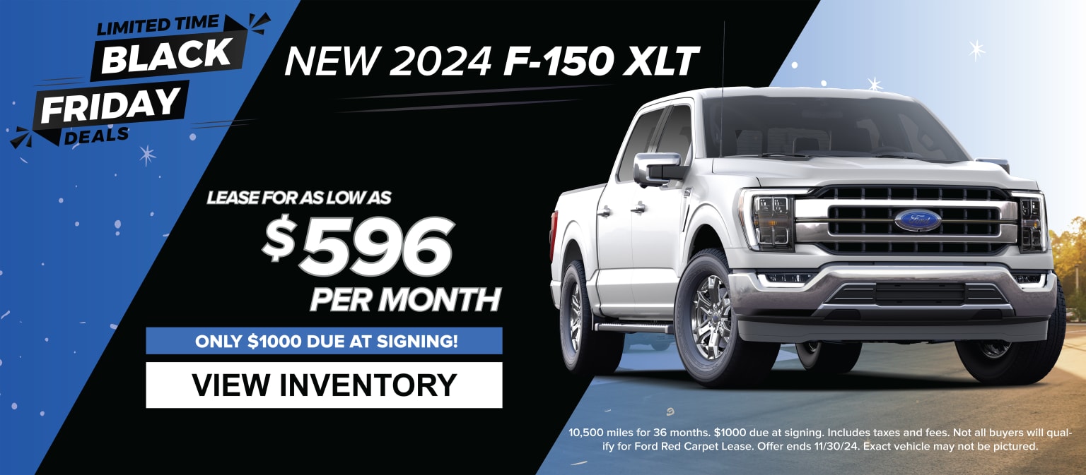 The image displays a white pickup truck with the text "NEW 2024 XLT" prominently displayed. The background features a Black Friday-themed advertisement with the text "UNITED TIME BLACK FRIDAY DEALS" and a lease offer.