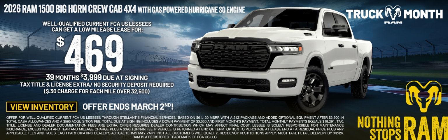 A white crew cab 4x4 pickup truck with a powerful hurricane-inspired engine is prominently featured against a dramatic cloudy sky background.