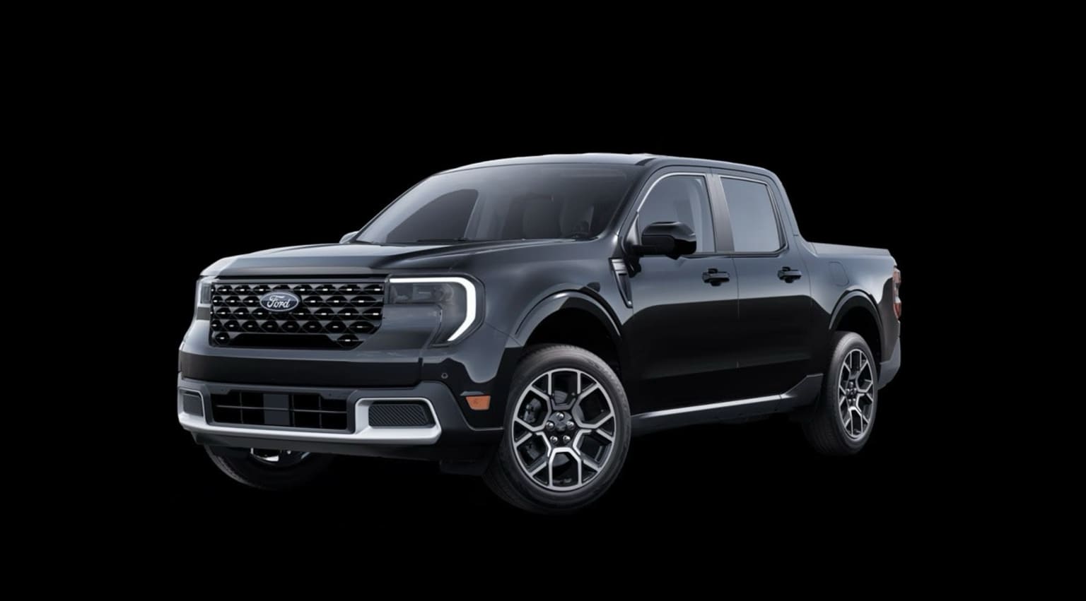 A sleek, black pickup truck with a bold, angular design stands prominently against a dark background.