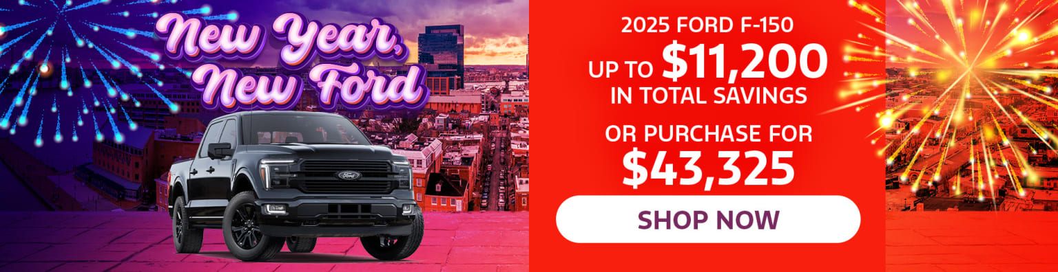 The image features a large Ford F-150 pickup truck in the foreground, with a cityscape and dramatic sky in the background. The text prominently displays information about savings and pricing for the 2025 Ford F-150 model.
