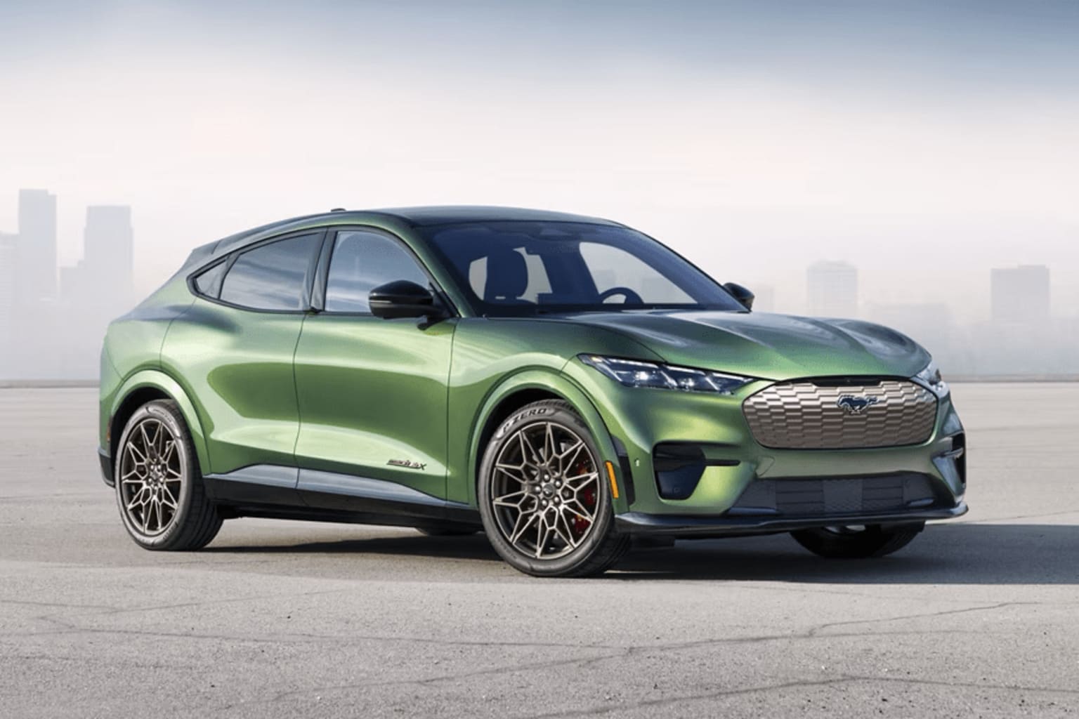 Electric vehicle in vibrant green color in urban setting