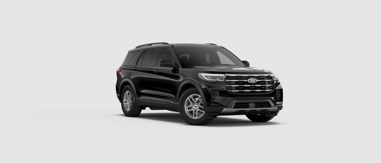 A black SUV is positioned in the foreground against a plain, light gray background.