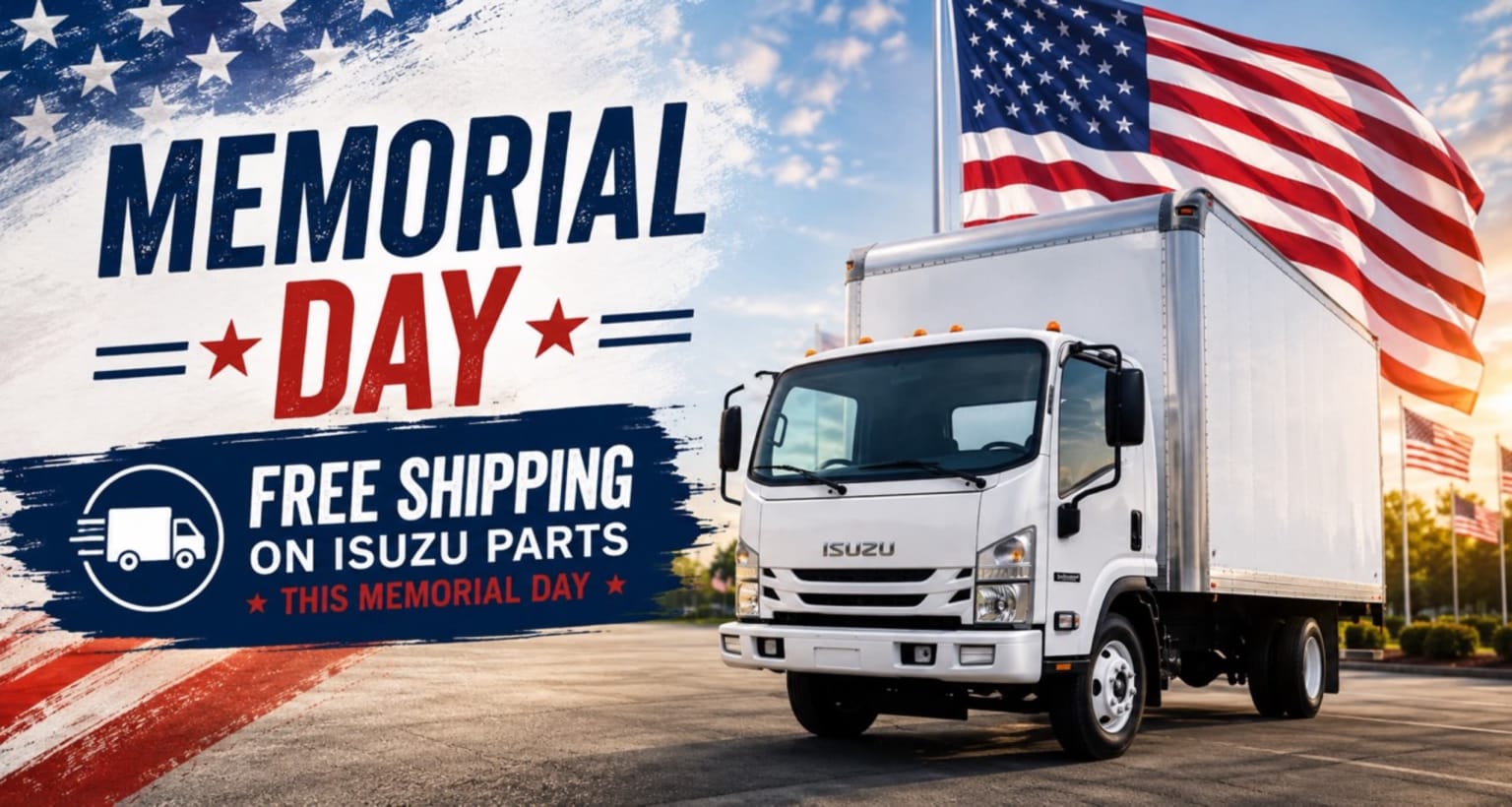 A white truck parked in front of a large American flag with a Memorial Day promotion for Isuzu parts.