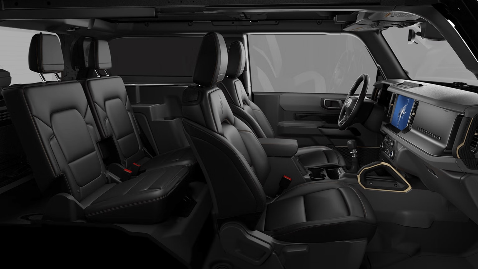 Interior of a modern SUV with black leather seats and a large touchscreen display on the dashboard.