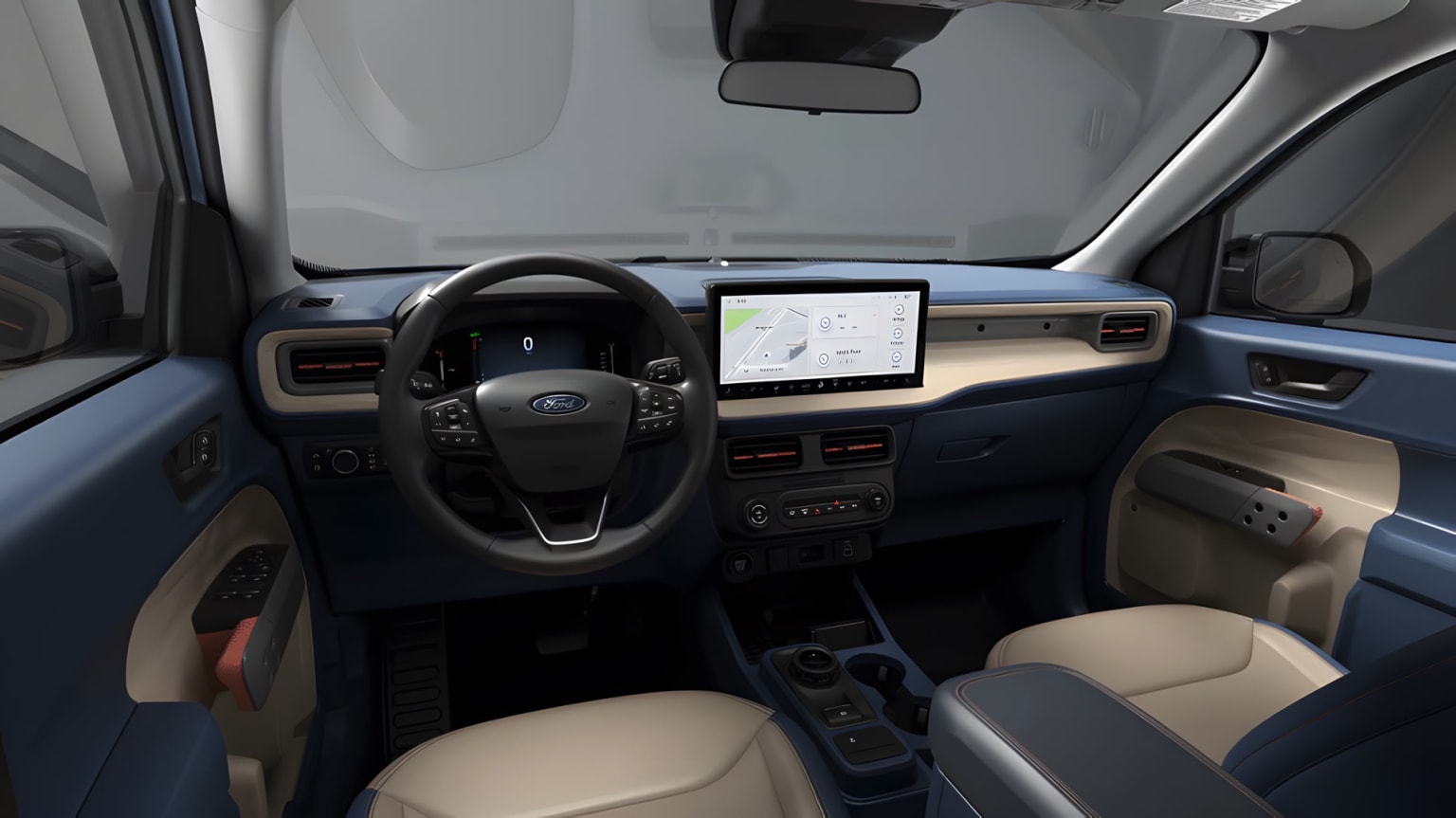Interior of a vehicle with steering wheel, dashboard, and large touchscreen display in center console. Seats upholstered in light-colored material, modern, high-tech design.