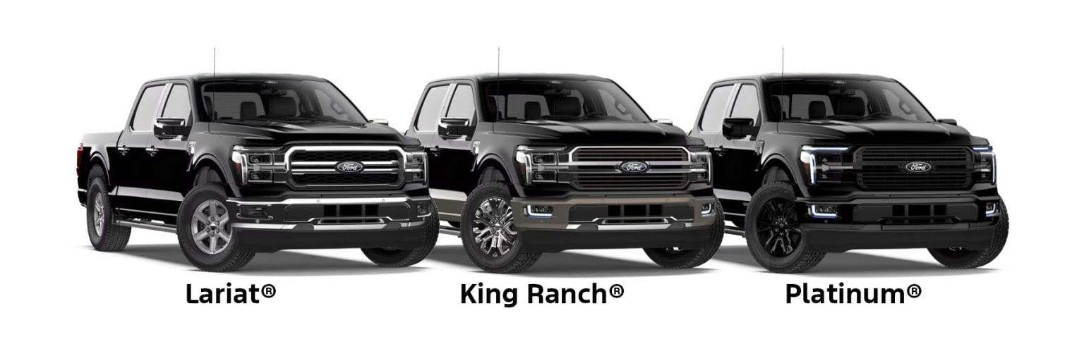 Three large black pickup trucks with various trim levels and features are displayed in the image.