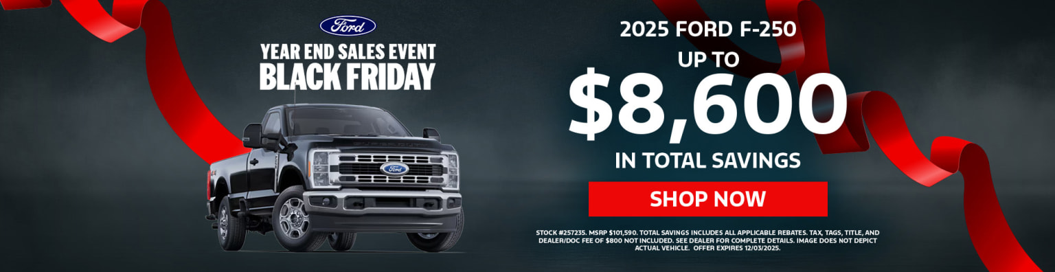 "Black Friday year-end sales event for a 2025 truck, with up to $8,600 in total savings."