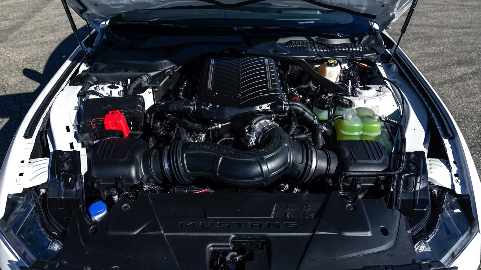 The image shows the engine compartment of a Ford Mustang, with the hood open to reveal the powerful V6 engine and various components such as the air intake, coolant reservoir, and other mechanical parts.