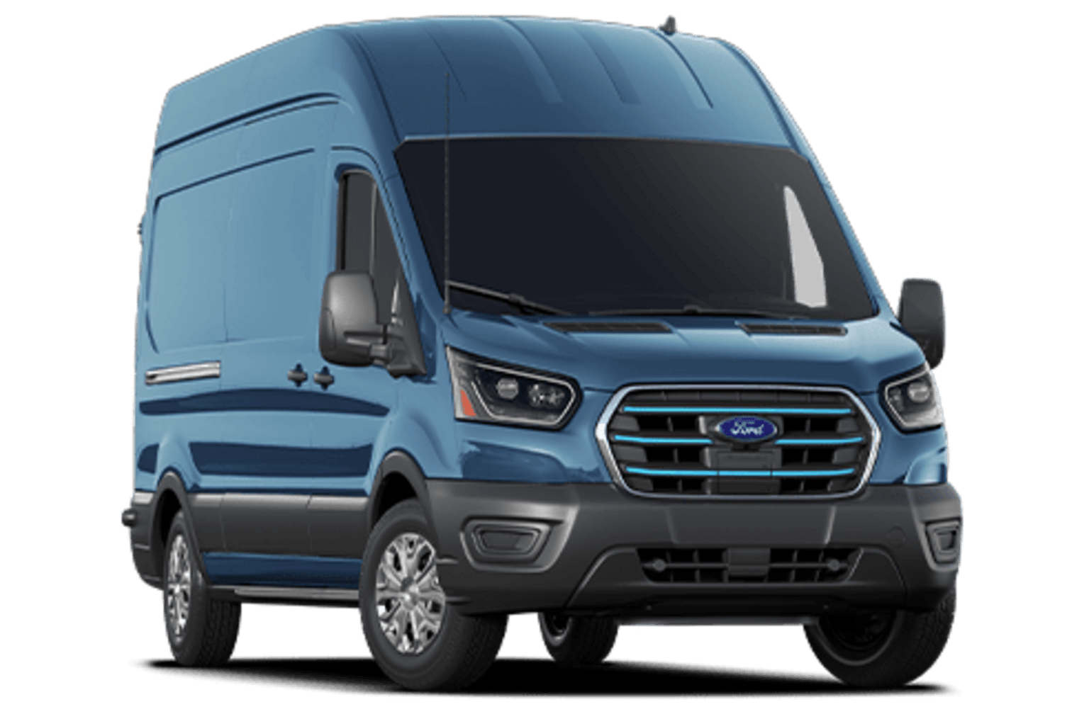 A large, blue commercial van with the logo prominently displayed on the front grille stands in a plain, white background.