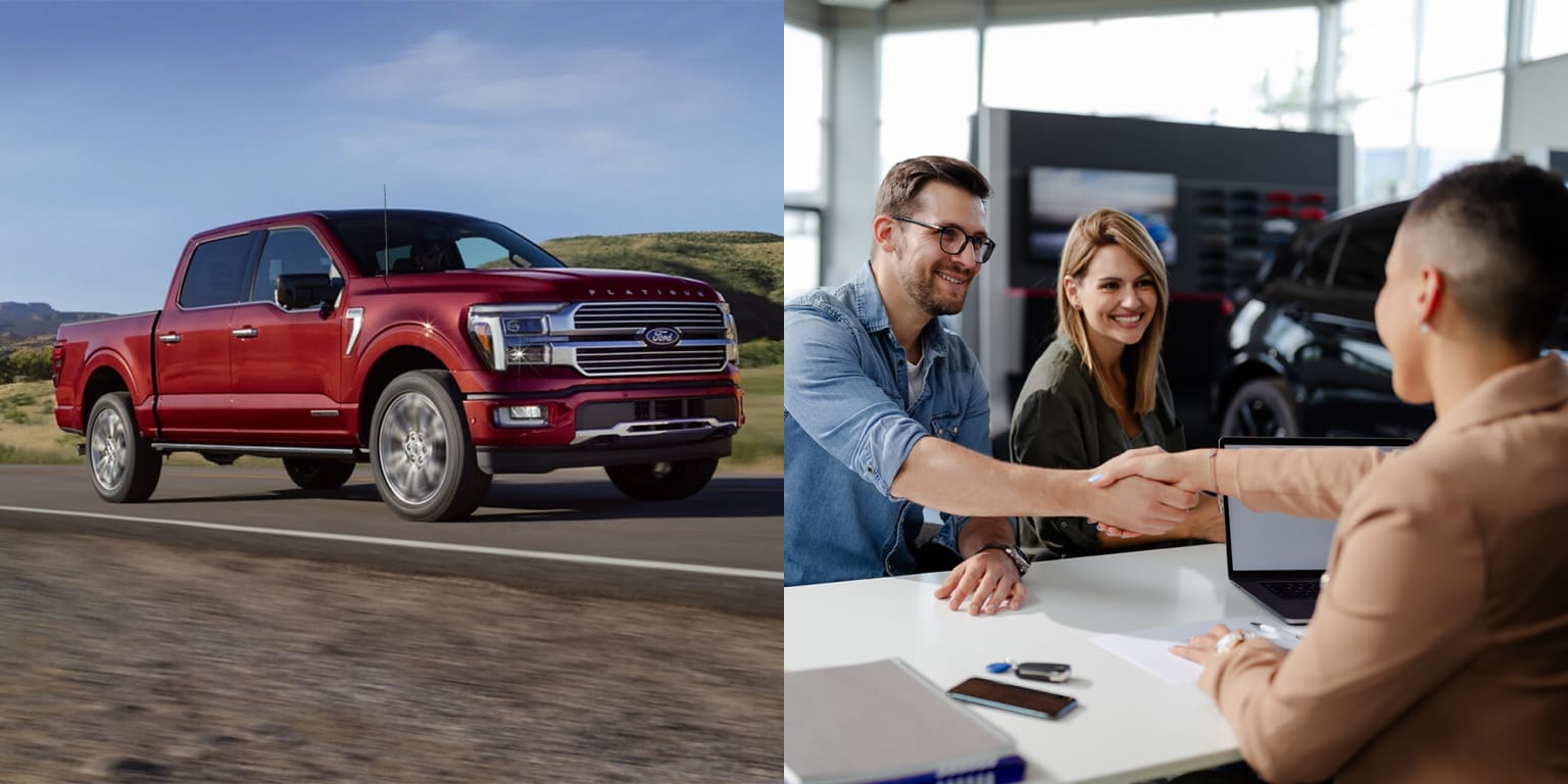 Red pickup truck on road with mountainous landscape in background, two people shaking hands at desk in office setting.