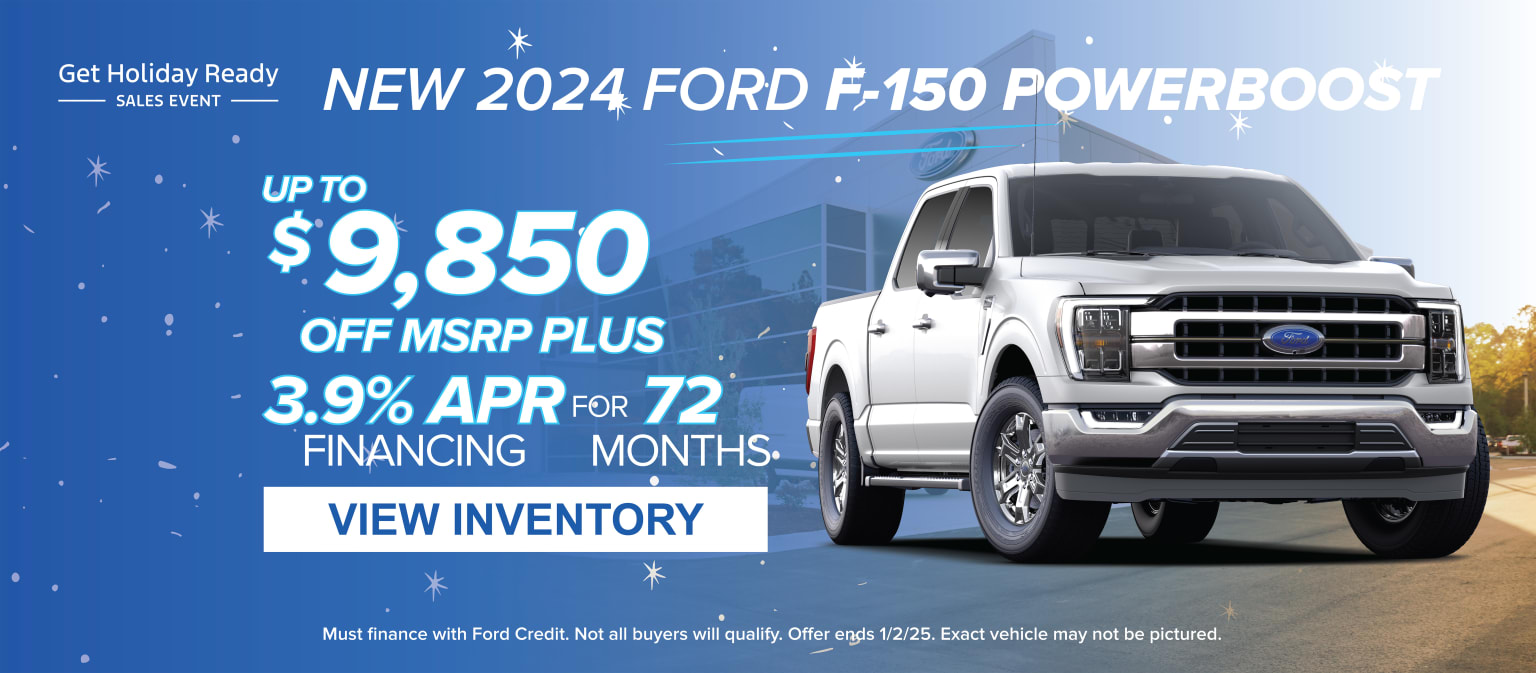 The image shows a white pickup truck with a promotional offer, set against a blue background with holiday-themed graphics.