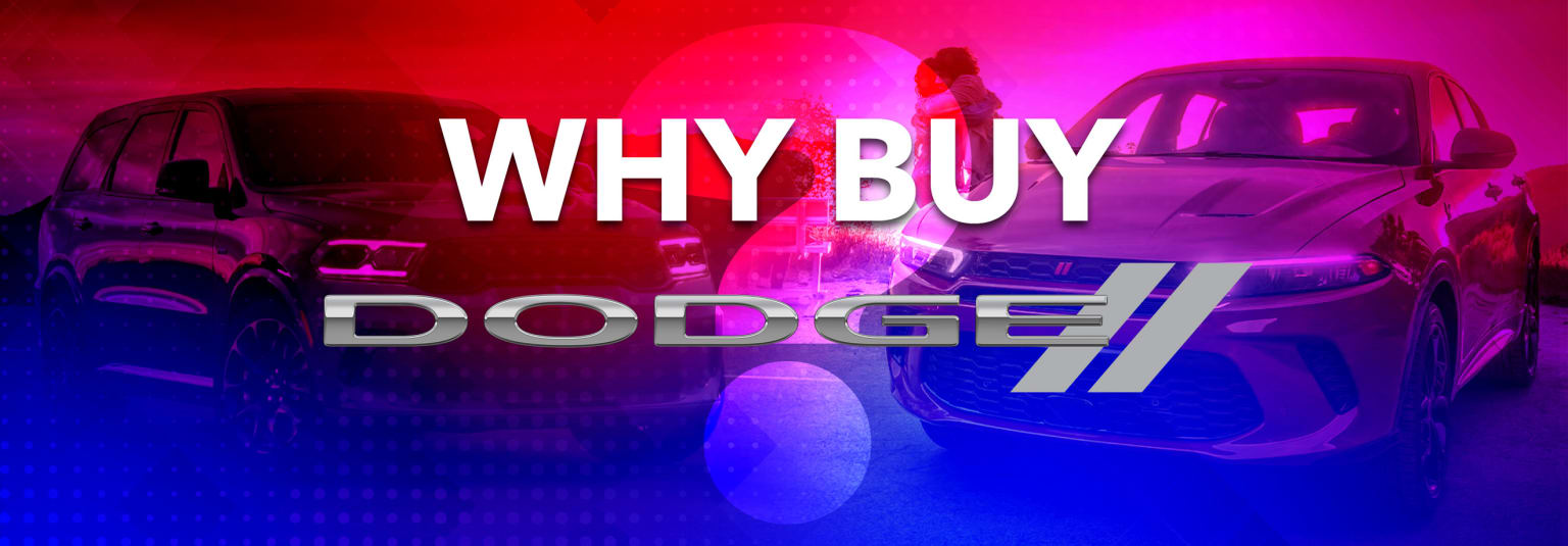 a couple of cars parked next to each other in front of a red and blue background with the words why buy dodge?