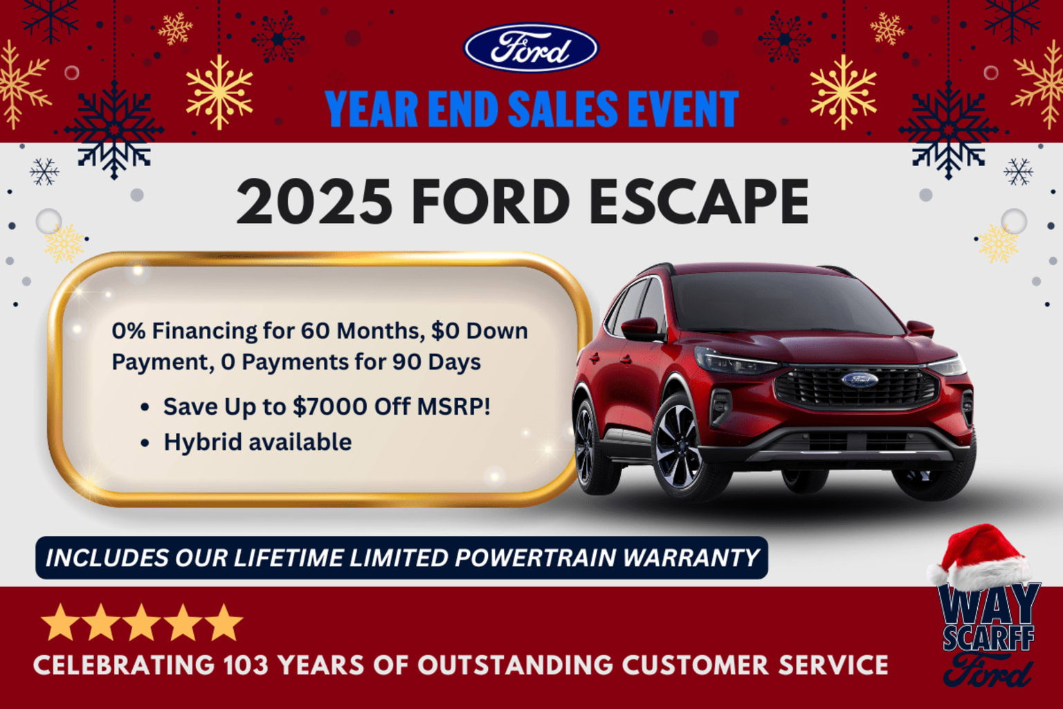 The image shows a red SUV against a festive red background with snowflakes, promoting a year-end sales event with various offers and a lifetime limited powertrain warranty.