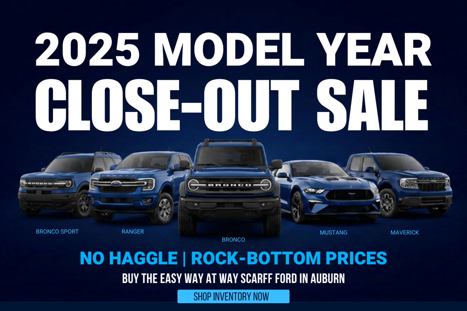 Several blue vehicles displayed in the foreground including a Bronco, Mustang, and Maverick with a dark blue background at a dealership event.
