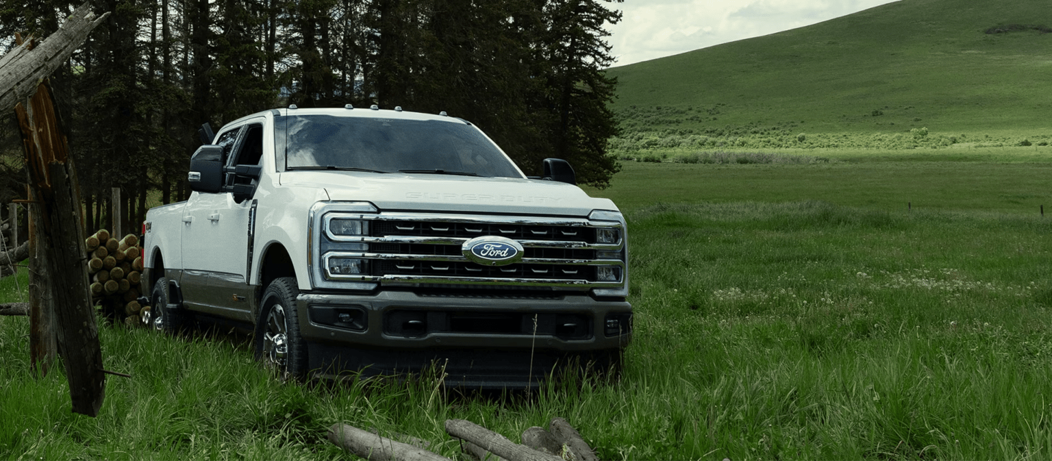 A white pickup truck parked in a grassy field with trees and a rolling hill in the background.