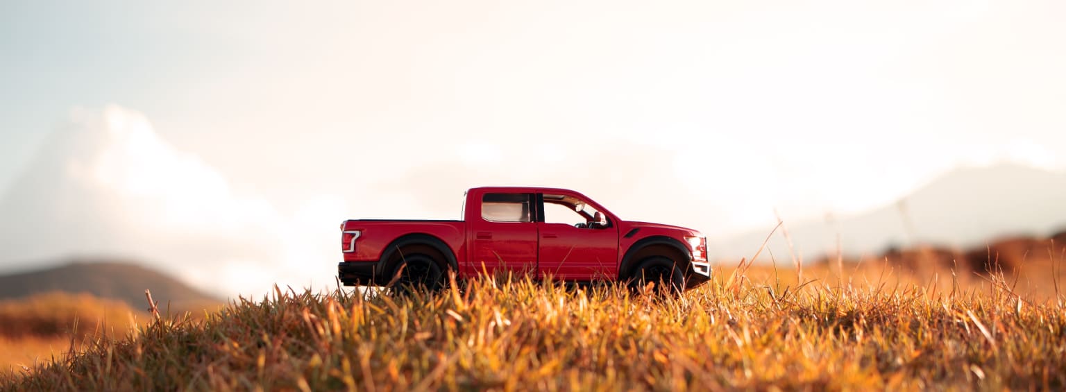 a red pick up truck parked in a field of tall grass with a mountain in the distance behind it