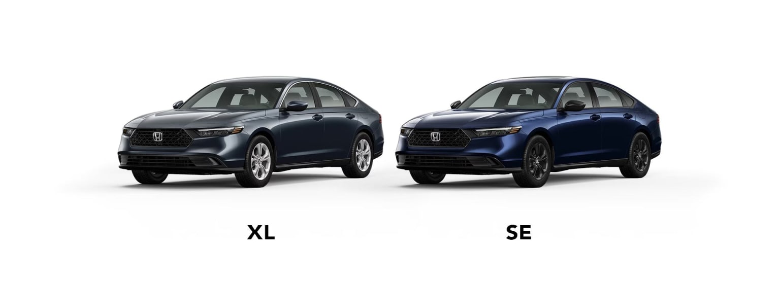 Two dark blue sedans, labeled "XL" and "SE", are displayed against a plain white background.