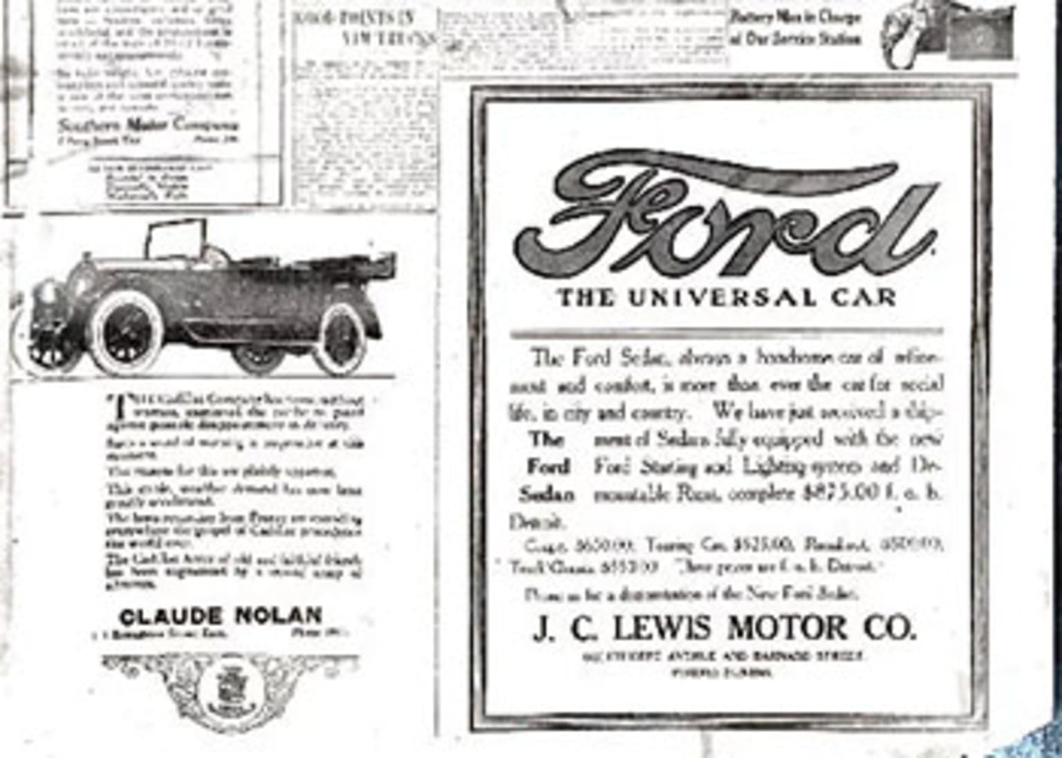 the front page of a newspaper with a picture of an old car and a newspaper advertisement for the ford the universal car