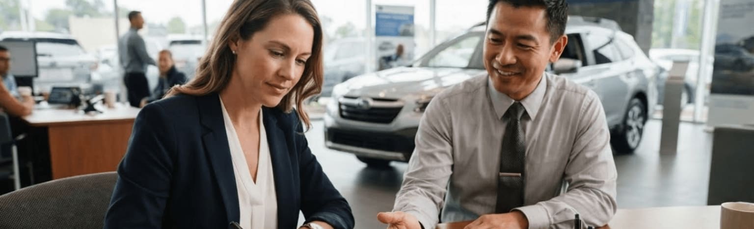 Two individuals reviewing paperwork at a table in a car dealership with a silver SUV in the background.