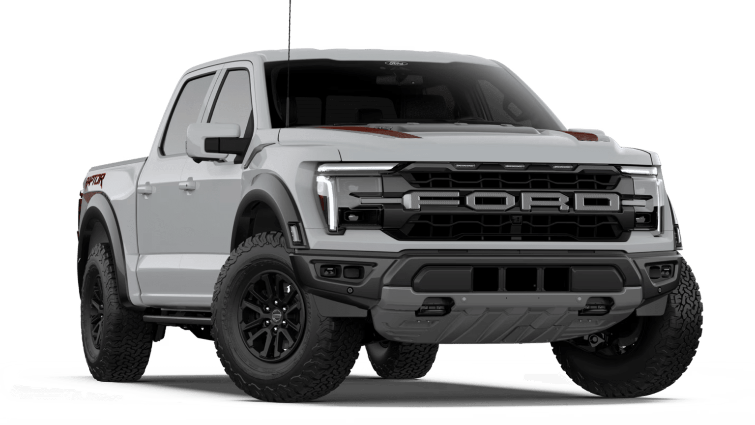A light gray truck with black wheels is positioned in the foreground against a plain white background.