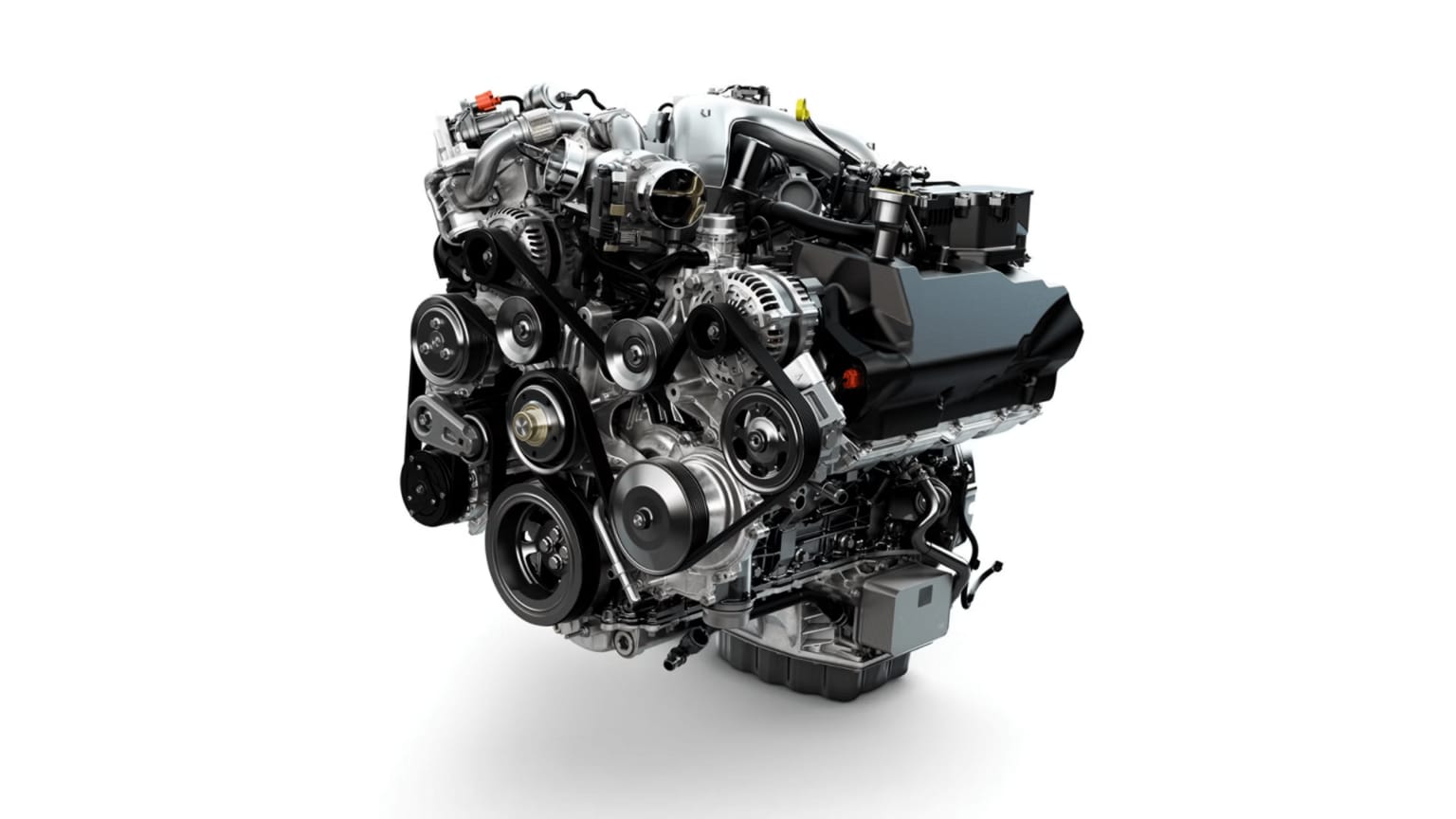 A complex diesel engine with intricate belts and pulleys against a clean white background.
