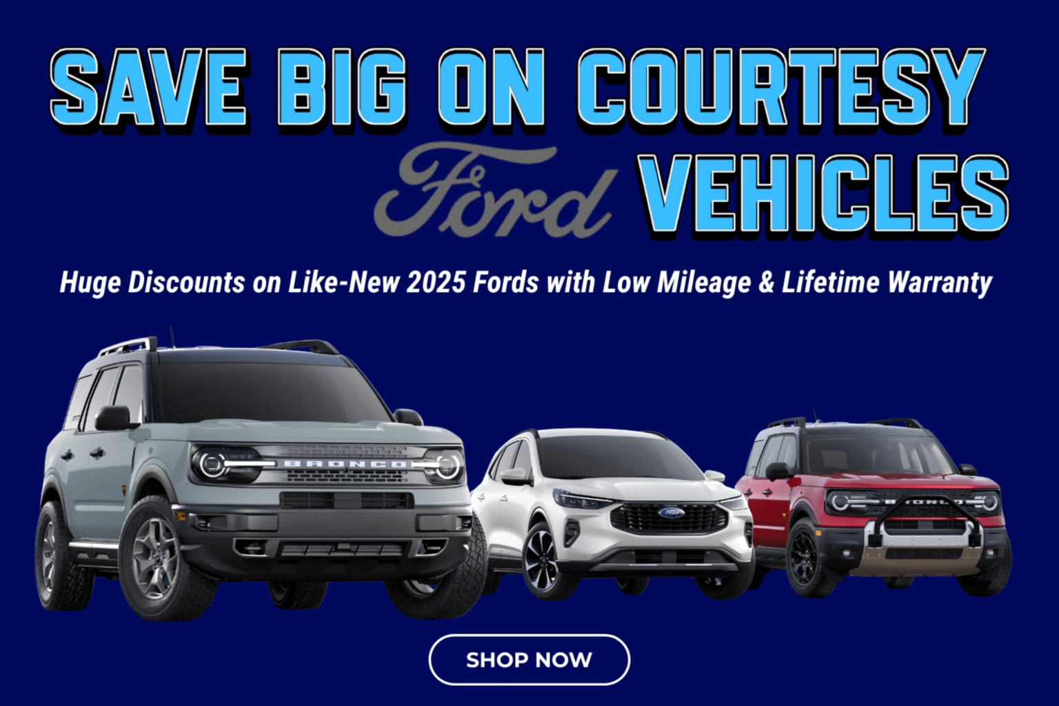 Three vehicles displayed in the foreground against a dark blue background with a promotional message about savings on upcoming vehicles.