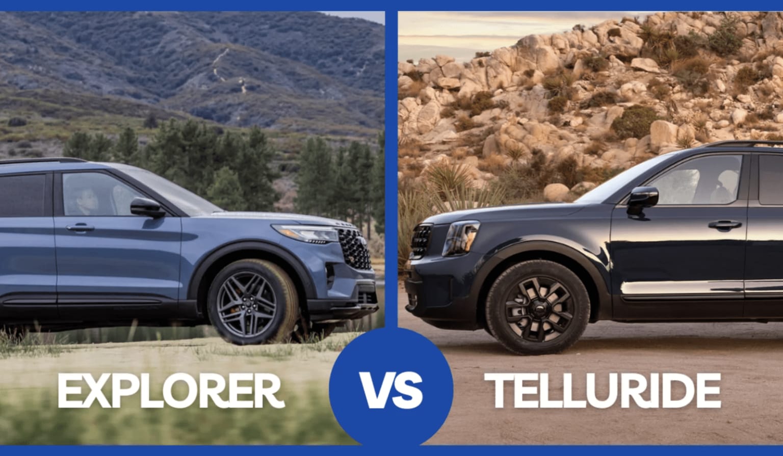 Two SUV models - one against a mountain landscape and the other against a rugged, rocky terrain.