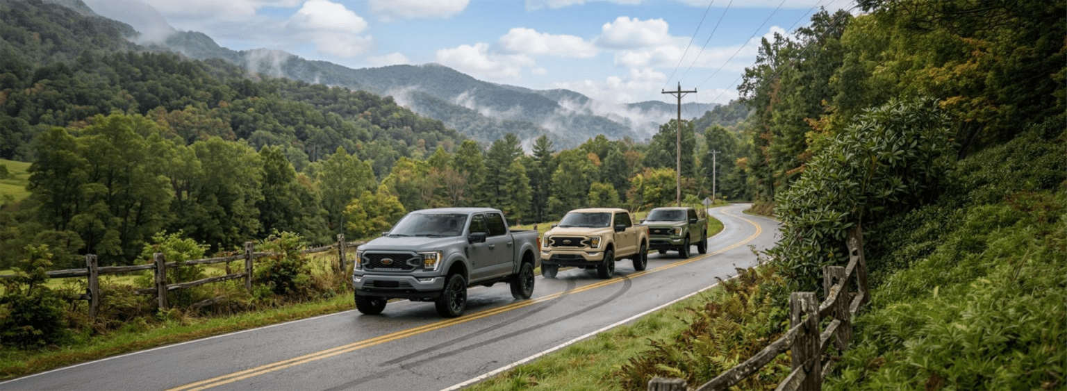 Three pickup trucks driving on a winding road through a lush, mountainous landscape under a cloudy sky.