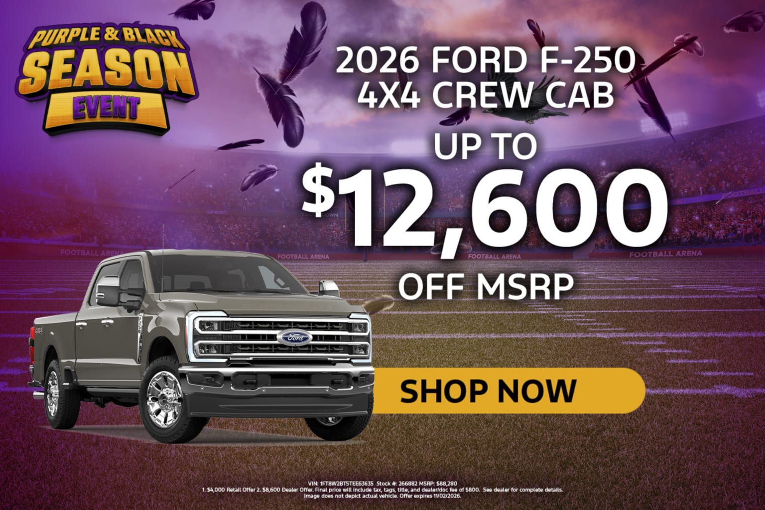 A grey pickup truck parked in front of a crowded football stadium with floating purple feathers.