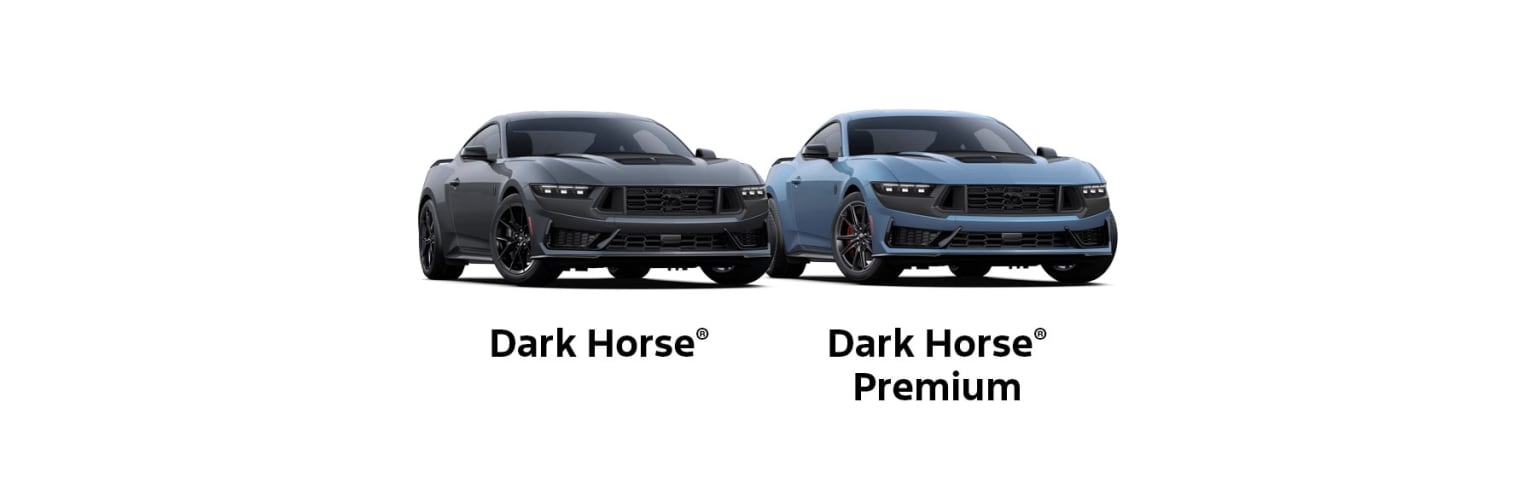 Two sleek and powerful-looking SUVs in dark colors, labeled "Dark Horse" and "Dark Horse Premium", are prominently displayed against a plain white background.