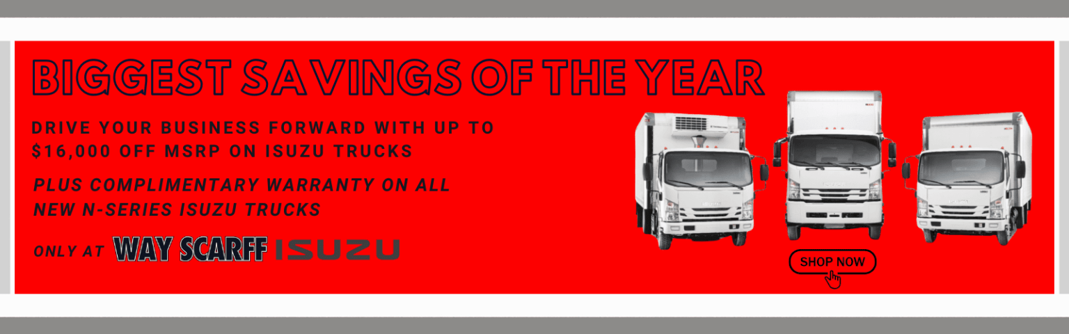 Promotional advertisement for trucks, featuring a large red background with the text "T SAVINGS OF THE YEAR" and an image of two trucks in the foreground.