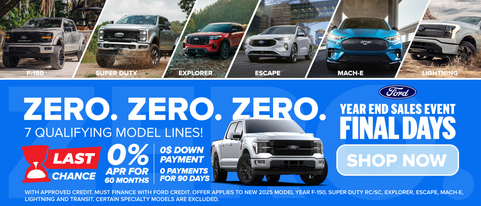 The image showcases various Ford vehicle models, including the Super Duty, Explorer, Escape, Mach-E, and Lightning, along with a promotional advertisement for a "Zero, Zero, Zero" year-end sales event with a final day offer.