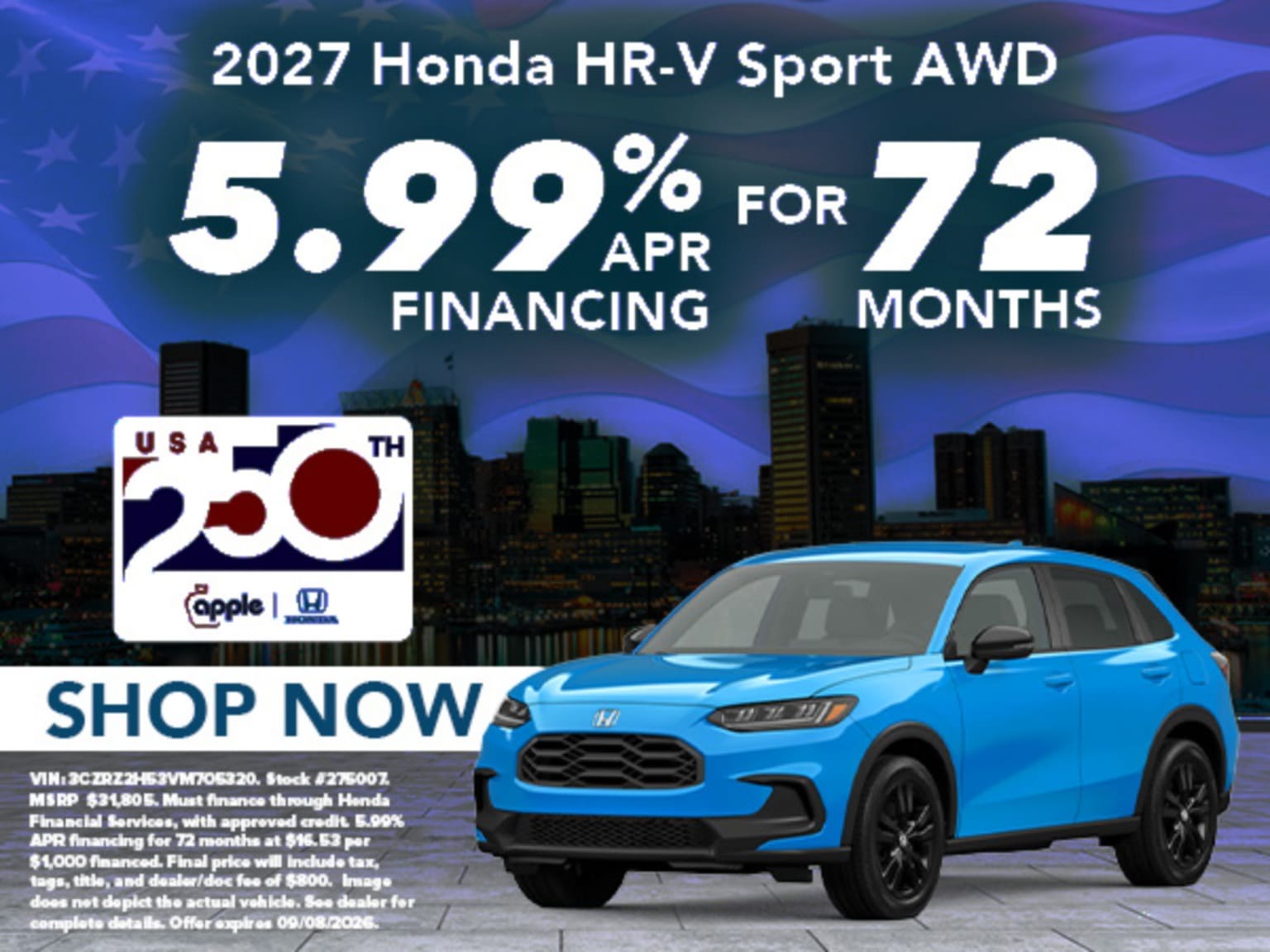A bright blue SUV is featured in the foreground with a city skyline and American flag in the background, advertising a financing offer.