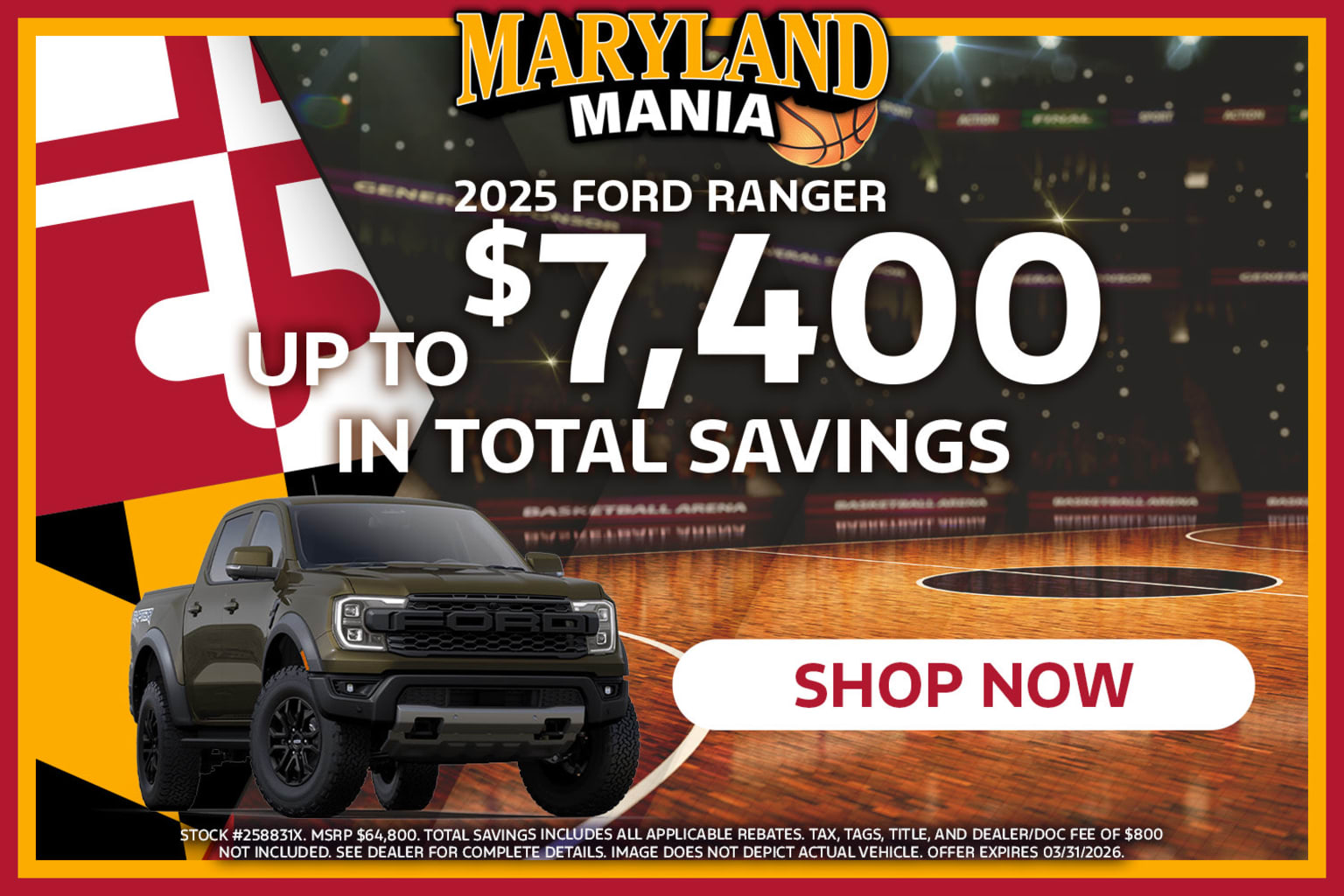 Image of a pickup truck, possibly a midsize model, with text "MARYLAND MANIA" and "$7,400 UP TO IN TOTAL SAVINGS" displayed. Background of a basketball court with hoop visible.