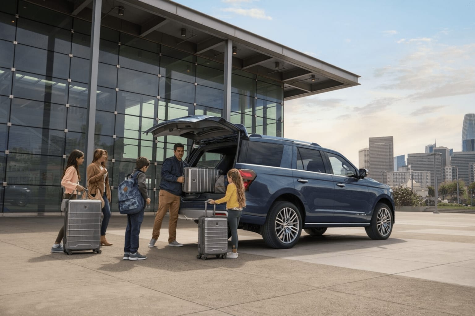 A group of people standing near a large SUV with an open trunk, surrounded by a modern glass building and urban skyline in the background.