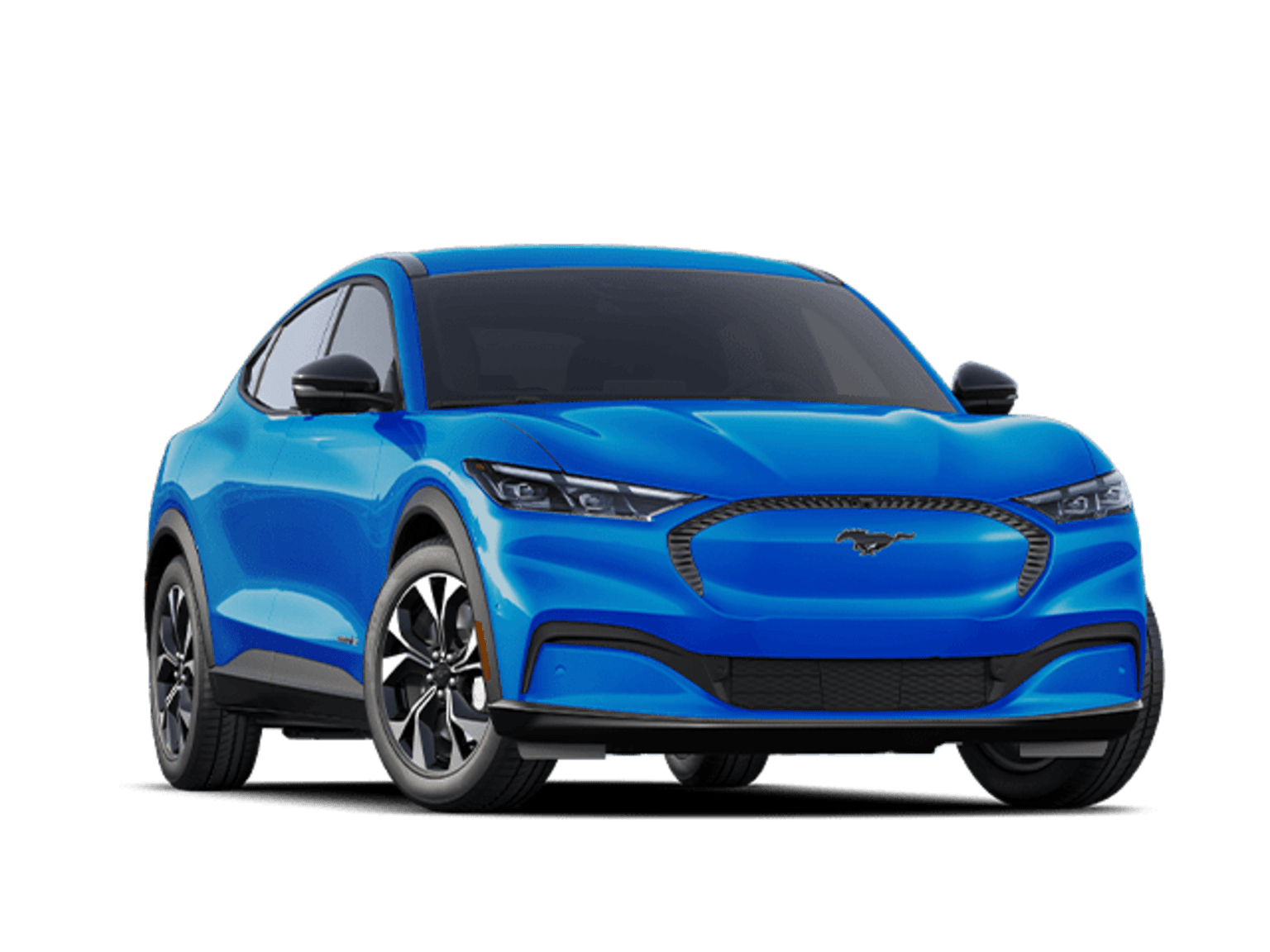 A sleek, blue electric vehicle with a distinctive front grille and modern design elements stands prominently in the frame.