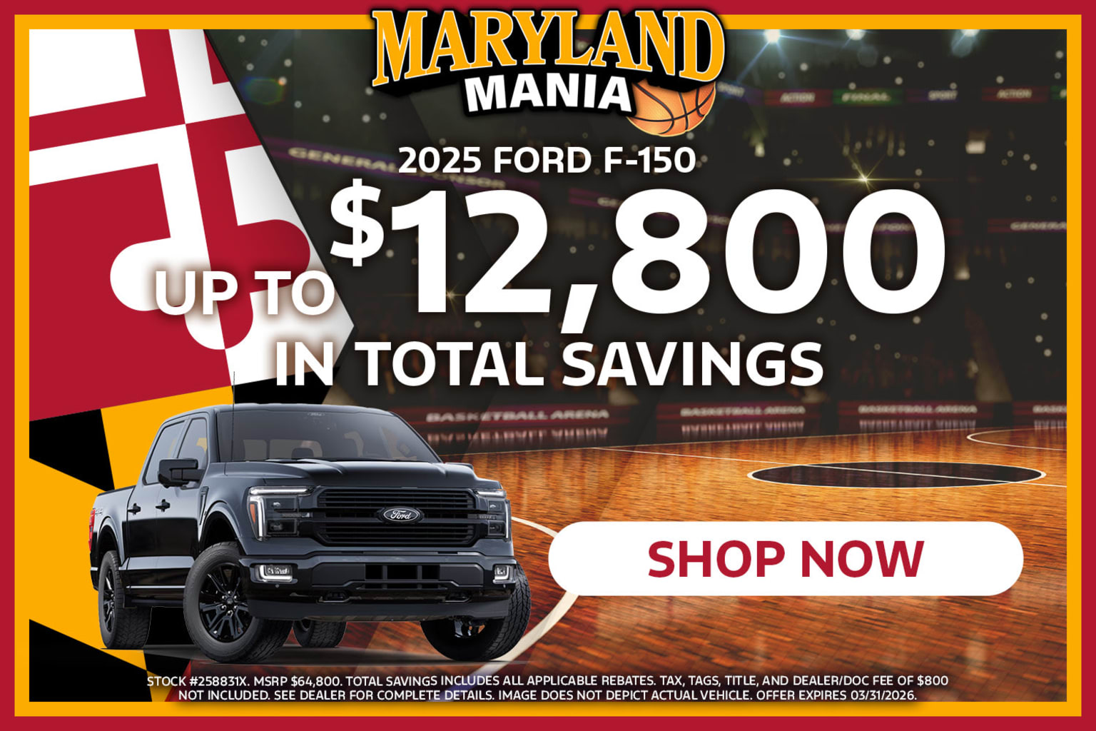 A truck displayed with a promotional offer of up to $12,800 in total savings, with a background of a basketball court.