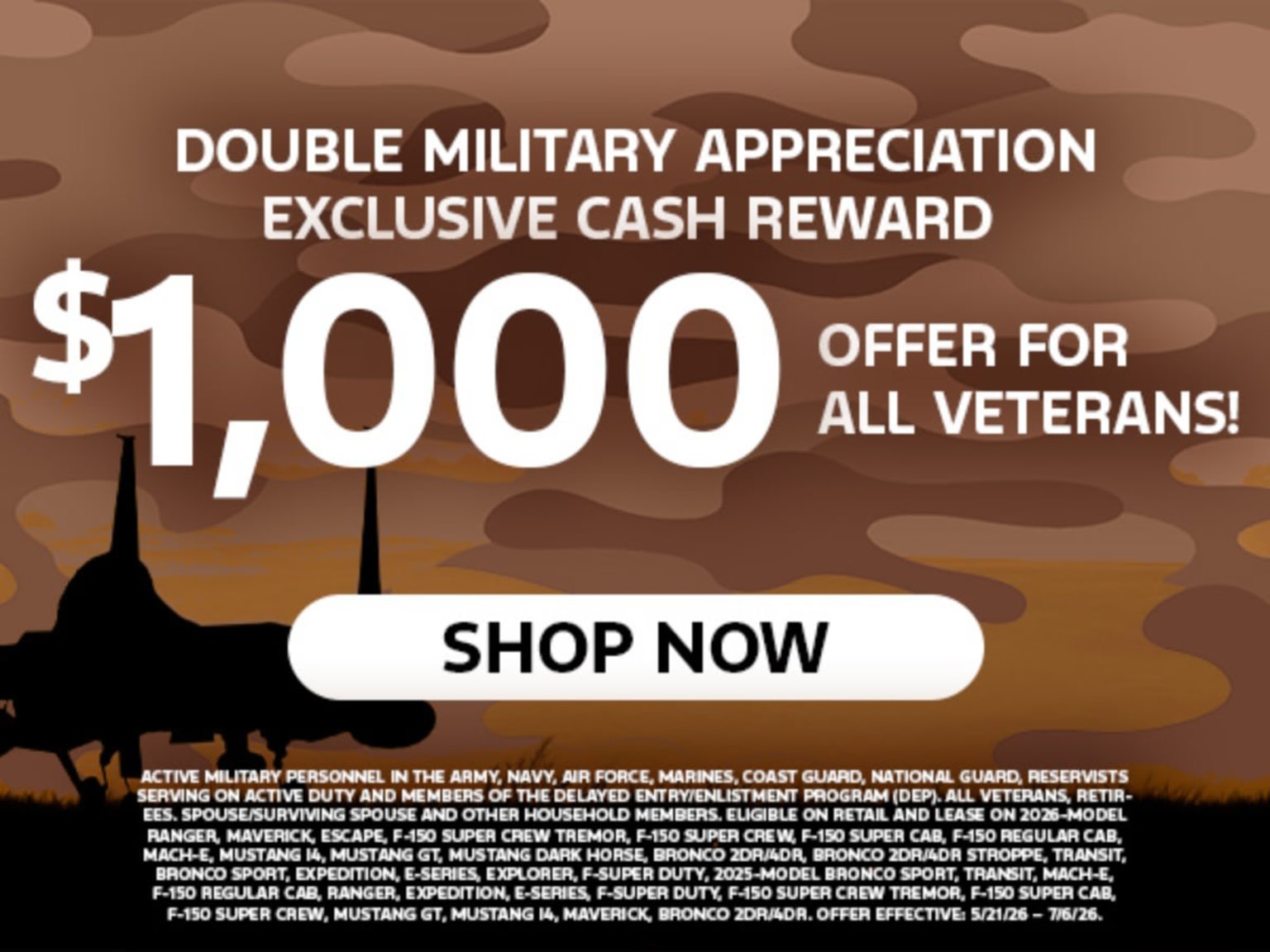 Silhouette of fighter jets in background with a special offer for veterans and a call-to-action button.