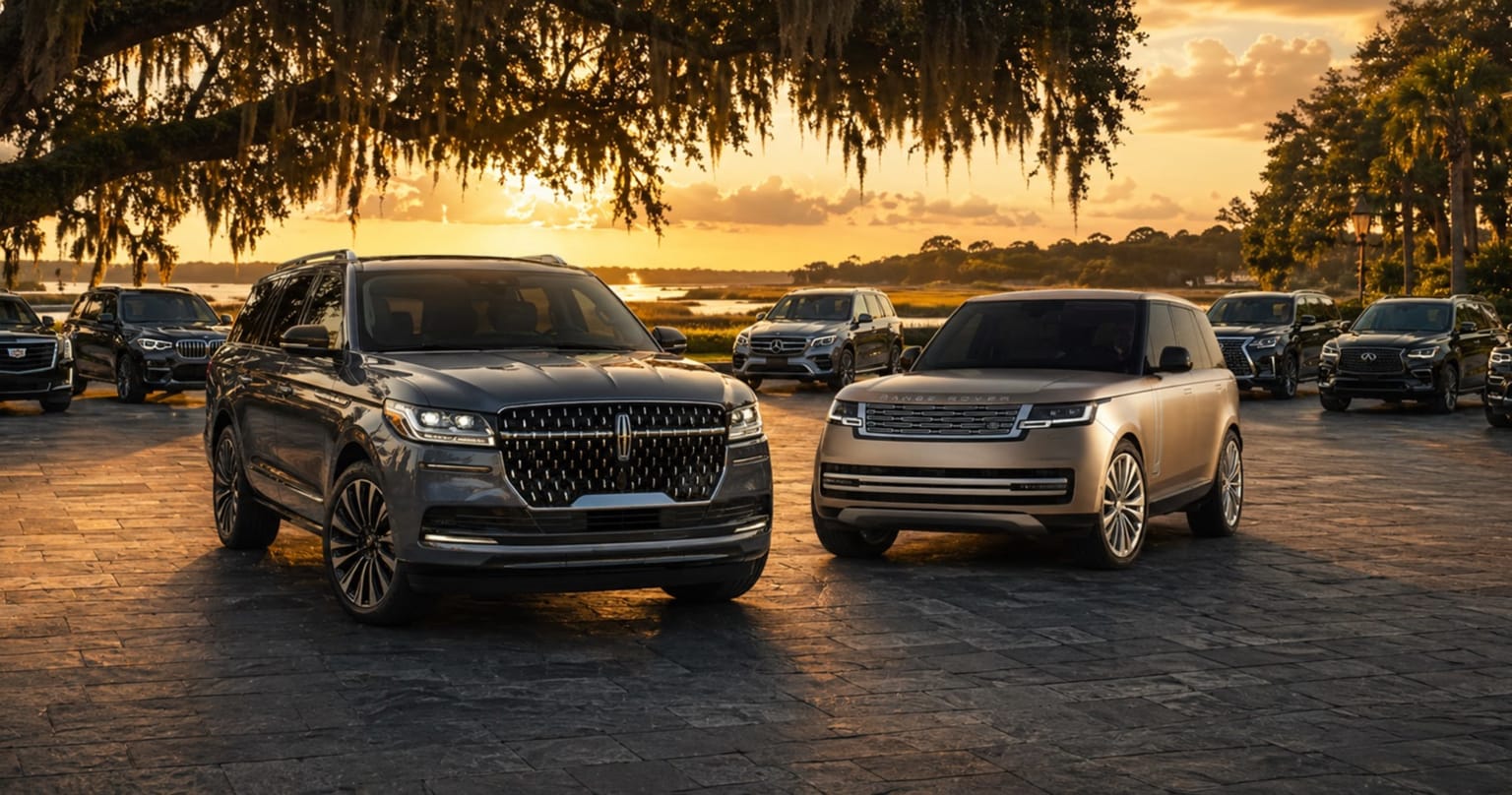 Luxury SUVs parked in a scenic outdoor setting with a lush, tree-lined background and a vibrant sunset sky.