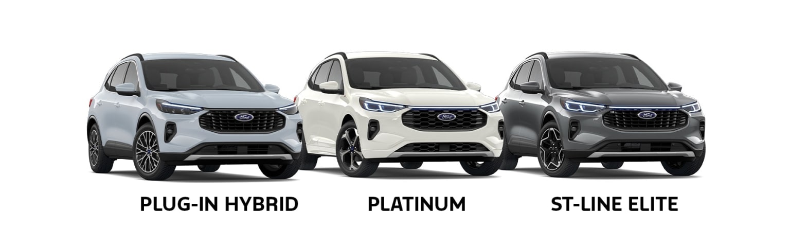 Three different models of vehicles displayed in a clean, white background - Plug-in Hybrid, Platinum, and ST-Line Edition.