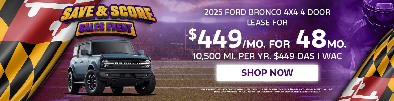 The image shows a 2025 SUV vehicle prominently displayed in the foreground, with a lease offer of $449 per month for 10,500 miles per year. The background features a stormy, purple-hued sky, creating a dramatic and eye-catching visual.