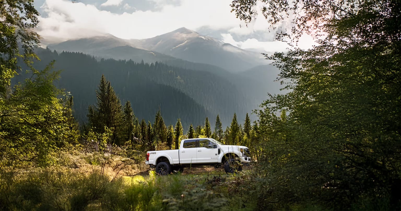 A pickup truck parked in a lush, forested area with towering mountains in the background, shrouded in mist and clouds.
