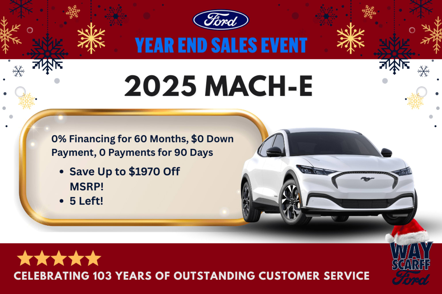 The image showcases an electric vehicle prominently displayed in the foreground, with a festive red and white background featuring snowflakes, promoting a year-end sales event.