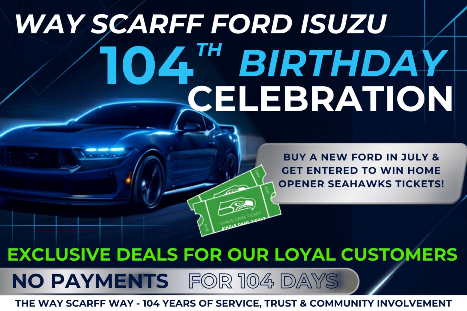 A blue sports car is featured in the foreground with promotional text about a birthday celebration and tickets to an event in the background.