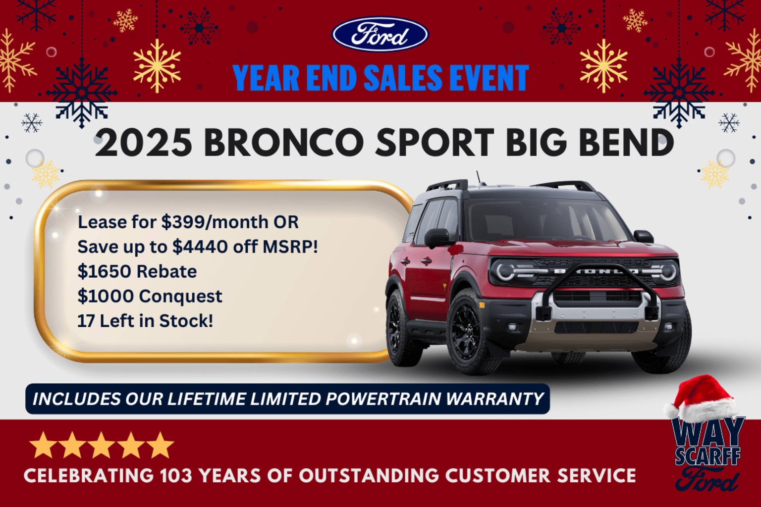 The image displays a red SUV vehicle with a festive red background decorated with snowflakes, along with details about a year-end sales event and the vehicle's features.