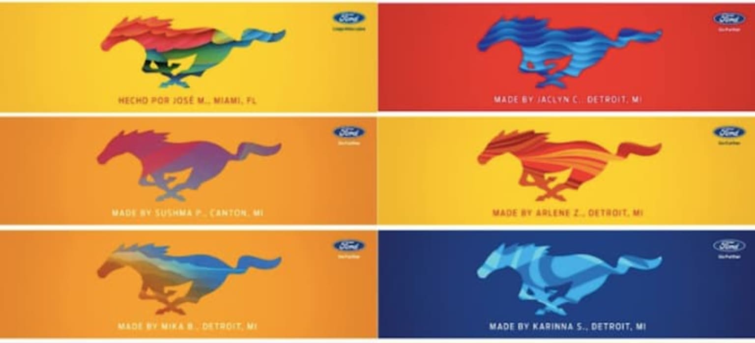 a bunch of different colored horses on a yellow and blue background with a red, orange, blue, yellow, and red background
